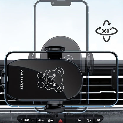 Bear-Graphic Air-Vent Phone Holder with 360-Degree Rotation, Black or Yellow Frame and Adjustable Cradle