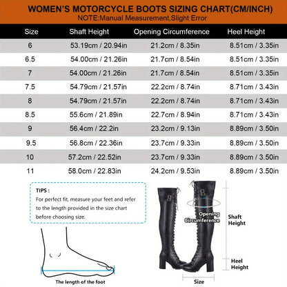 Women's Over-the-Knee Biker Boots, Faux Leather Thigh High Lace-Up Knee High Boots with Chunky Heel & Buckle