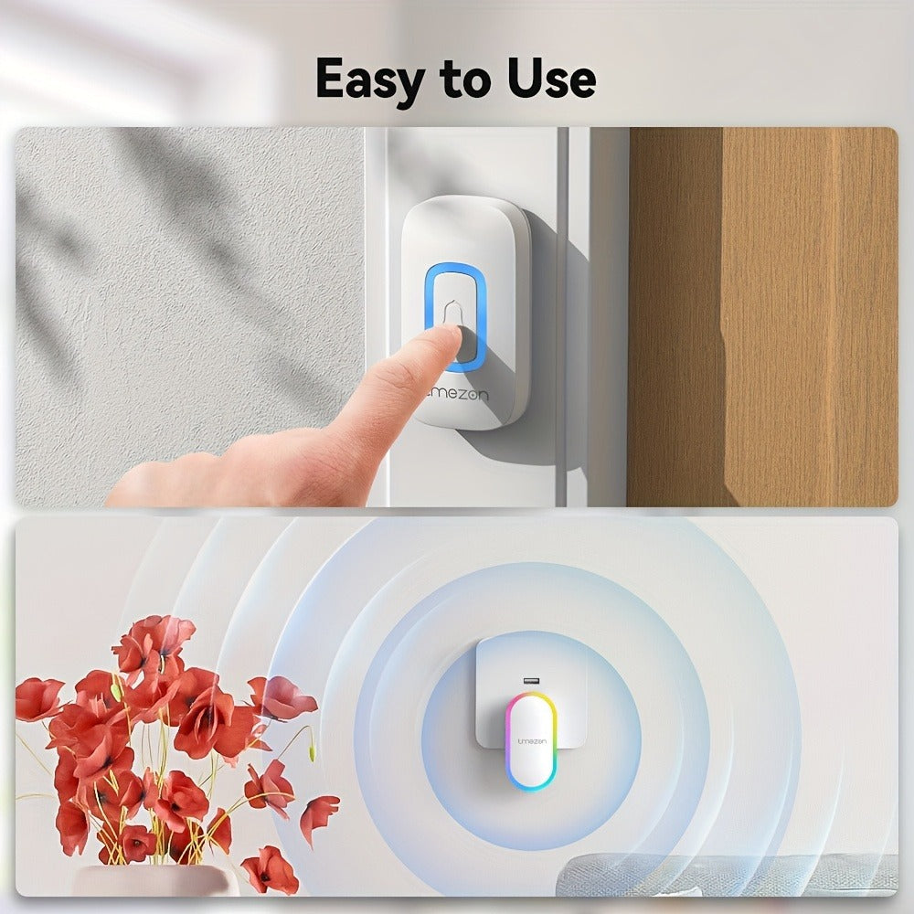 USB Plugin Wireless Doorbell Kit with 60 Melodies, 5 Volume Levels & Colorful LED Indicator, 1000ft Range