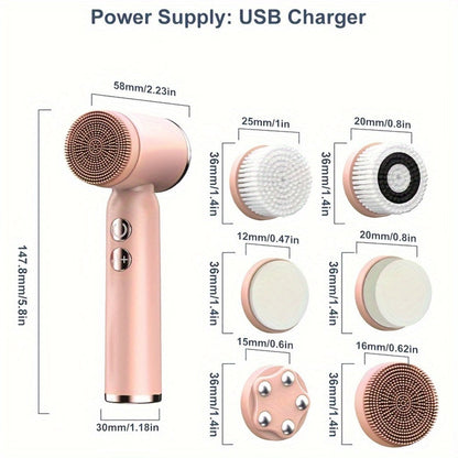EMS Microcurrent Face Massager Device V-Face Lifting Double Chin Reducer Neck Rejuvenation 6-in-1 Brush Heads for Home or Salon Spa Use