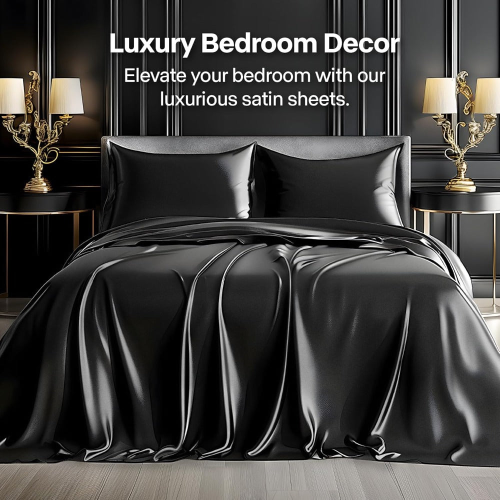 Sheet Set, Satin Bedding with 16-Inch Fitted Pocket, Three- or Four-Piece Size Configuration and Seven Solid Colors