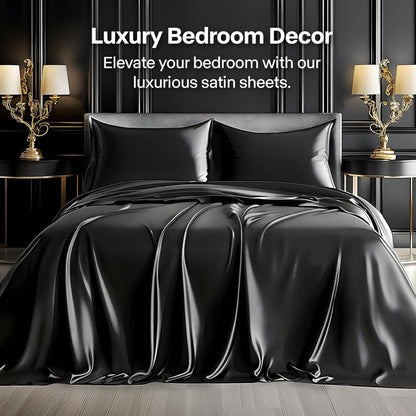 Sheet Set, Satin Bedding with 16-Inch Fitted Pocket, Three- or Four-Piece Size Configuration and Seven Solid Colors