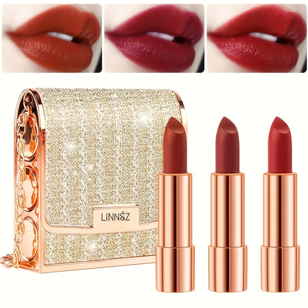 Matte Lipstick Gift Set 3pcs in Silvery Chain Bag Box, Velvet Finish Waterproof Red Lip Color, Conditioning Formula 3.5g Each