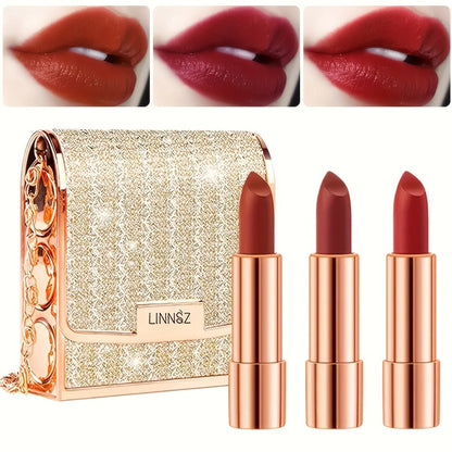 Matte Lipstick Gift Set 3pcs in Silvery Chain Bag Box, Velvet Finish Waterproof Red Lip Color, Conditioning Formula 3.5g Each