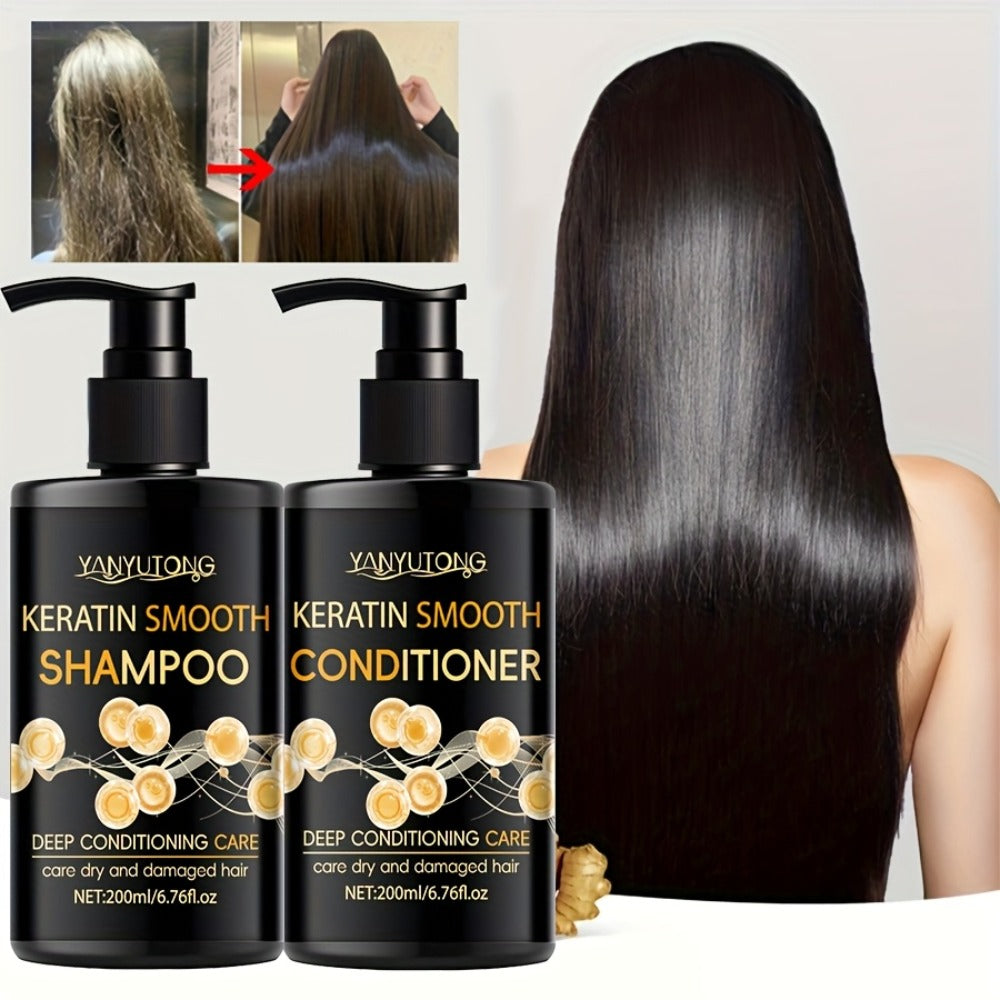Keratin Shampoo and Conditioner Set Repairs Breakage Split Ends Moisturizes Scalp for Color-Treated Heat Damaged Dry Frizzy Hair All Hair