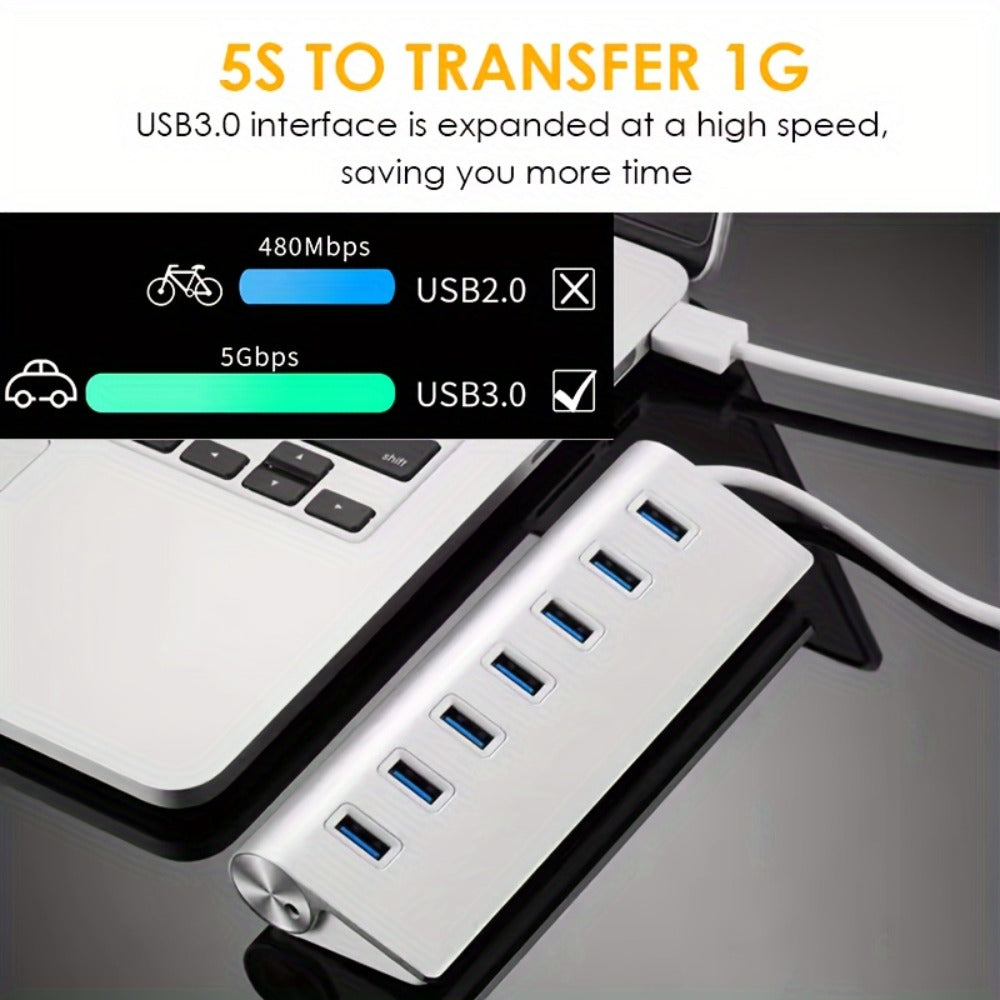 Silvery Seven-Port USB 3.0 Hub with USB-A Host Cable and Aluminum-Alloy Housing for Laptop Accessories