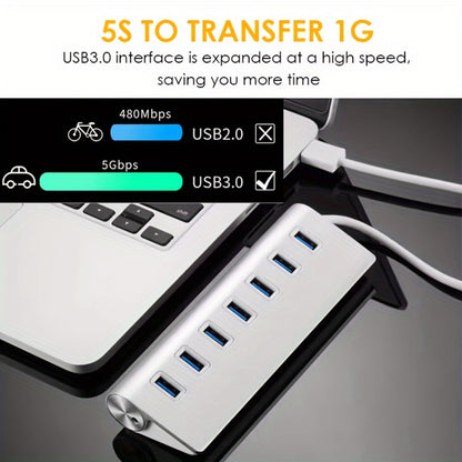 Silvery Seven-Port USB 3.0 Hub with USB-A Host Cable and Aluminum-Alloy Housing for Laptop Accessories