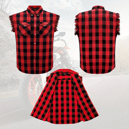 Men's Plaid Sleeveless Shirt with Fringe Hem, Checkered Cotton Button-Up Vest Top, Crew Neck Regular Fit for Streetwear Beach Vacation