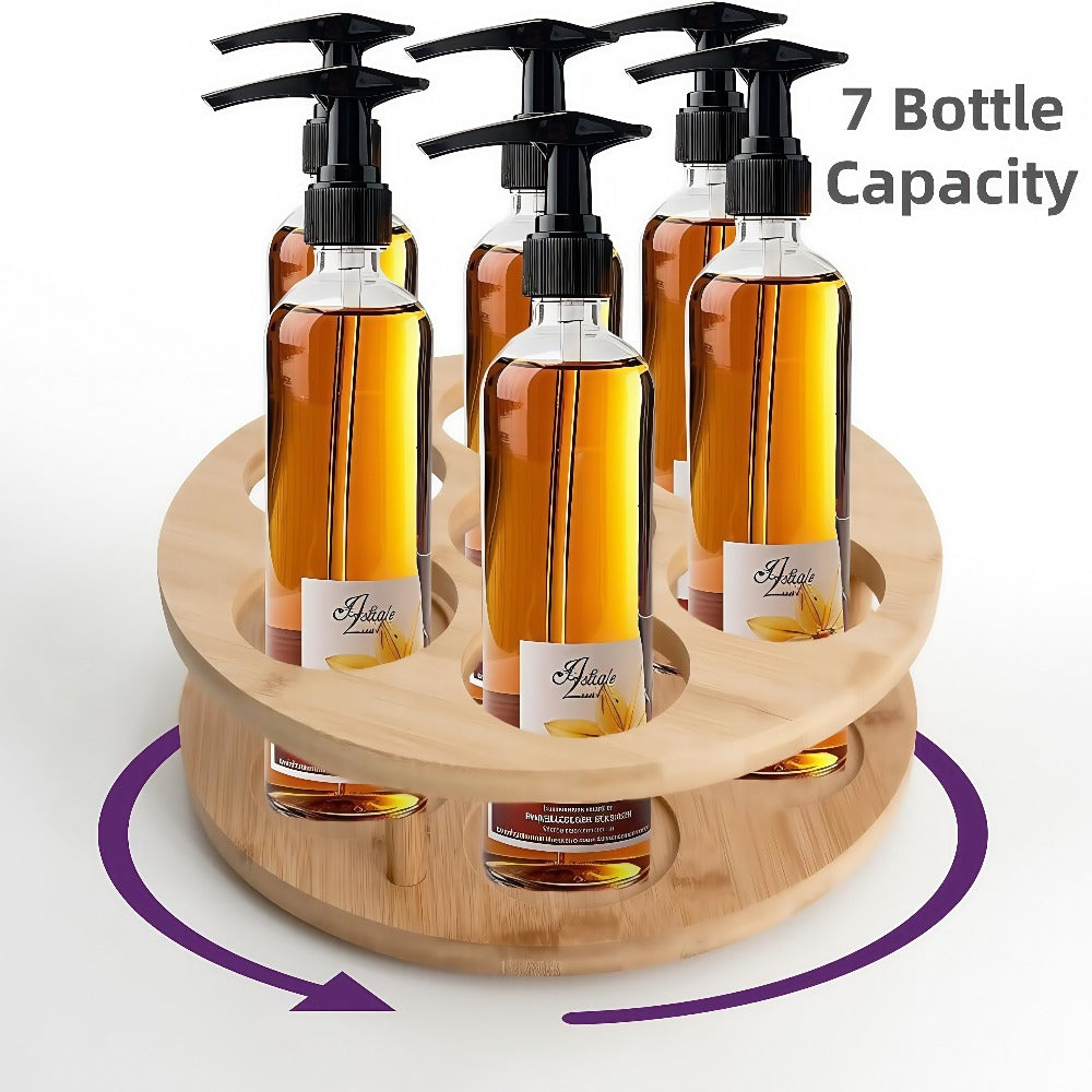 360 Rotating Bamboo Coffee Syrup Organizer 7-Bottle Holder Rack – Countertop Spice Condiment Storage Stand for Kitchen Bar Home Office