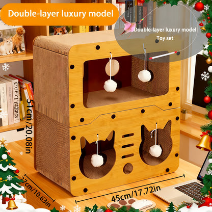 Large Cat House with Scratcher Pad & Plush Ball Toys, Ventilated Multi-Functional Indoor Outdoor Cat Shelter