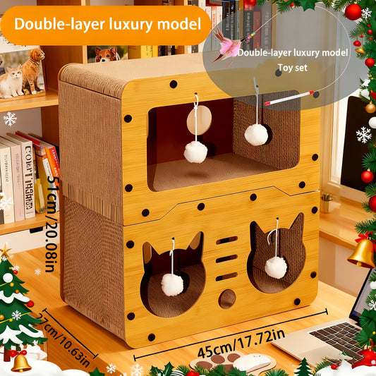 Large Cat House with Scratcher Pad & Plush Ball Toys, Ventilated Multi-Functional Indoor Outdoor Cat Shelter