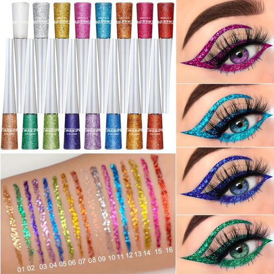 Glitter Liquid Eyeliner Set 16 Colors Waterproof Shimmer Metallic Eye Liner Pen Kit – Long-Lasting Smudge-Proof Sparkle Eye Makeup for Party