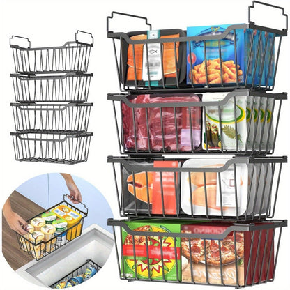 Freezer Organizer Bins Stackable with Foldable Handle - Chest Freezer Storage Baskets Rack, Space Saving Refrigerator Organizer Bins