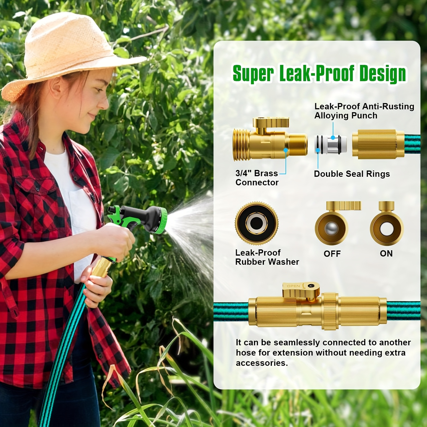 Expandable Garden Hose with 10-Function Nozzle, 3/4" Brass Fittings, Leakproof, Durable Rubber, 15 to 100FT