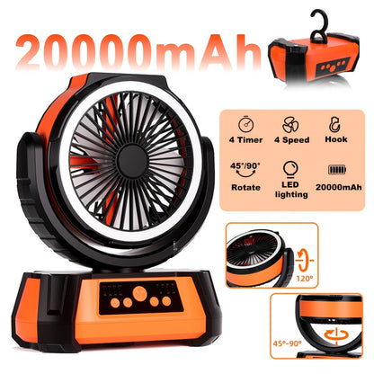 Tent Fan with LED Light 20000mAh Battery – 4-Level Brightness, Multi-Speed Rotatable Portable Tent Fan for Camping, Outdoor, Office & Home