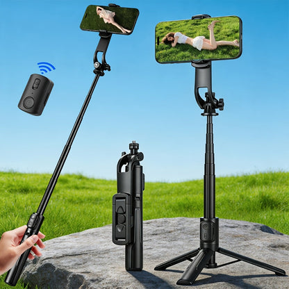Black Selfie Stick Tripod with Telescoping Pole, Rotating Phone Clamp, Fold-Out Base and Remote