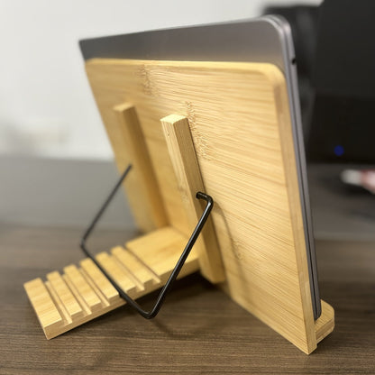 Bamboo Book Stand Adjustable Foldable Portable Reading Stand with Page Clips for Cookbook Tablet E-Reader Textbook Sheet Music Desk Holder