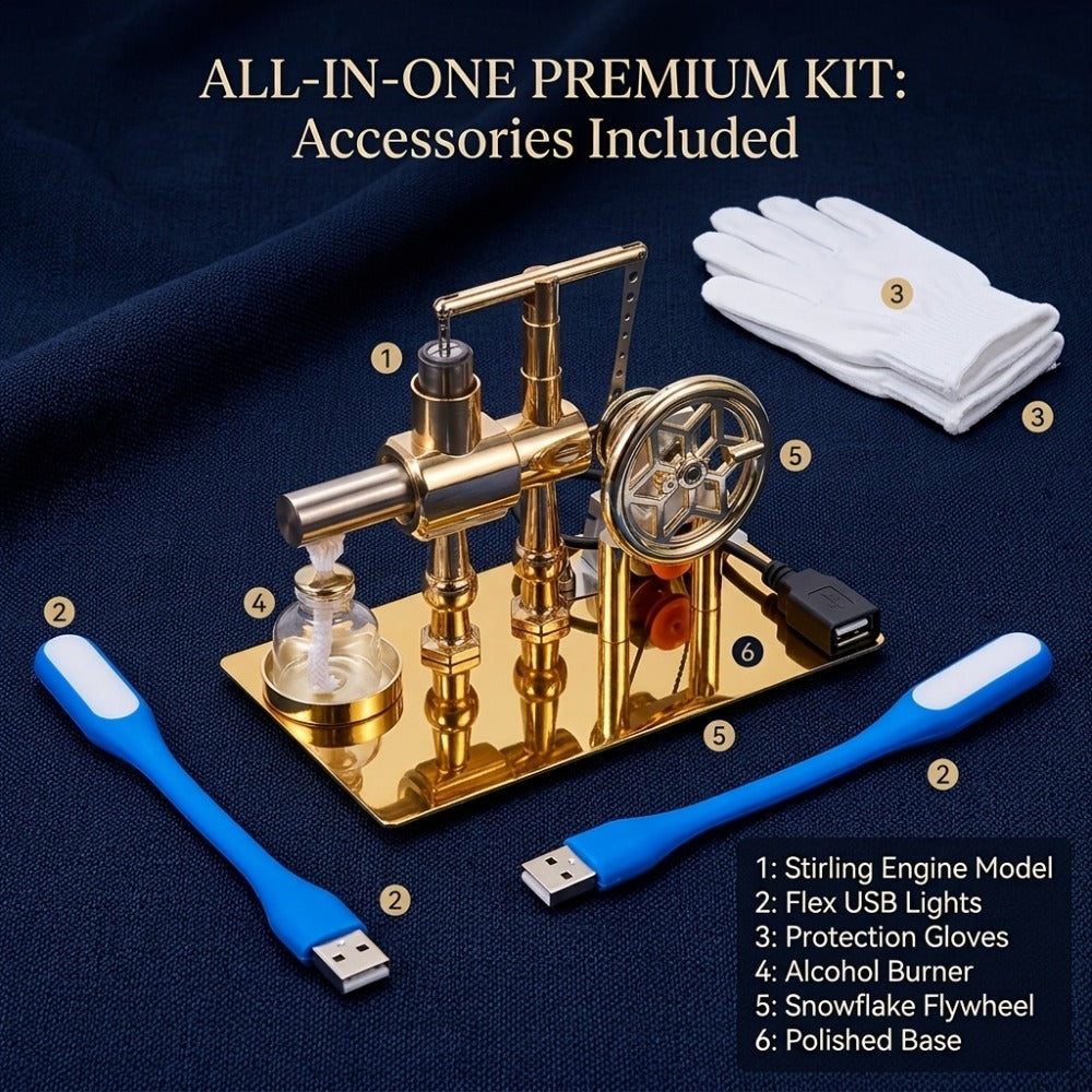 Stirling Engine Generator Kit Single Cylinder Stainless Steel, Real Working Heat Engine Model Generates Electricity