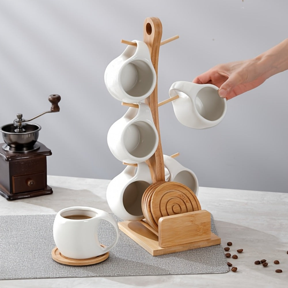 Ceramic Coffee Cup Set of 6 with Wooden Coasters & Cup Holder, 200ml Latte Cappuccino Espresso Tea Mugs