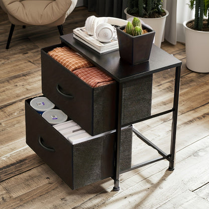 Nightstand with 2 Storage Drawers, 20" Bedside Table with Wooden Top & Fabric Cabinet, Steel Frame Mini Dresser for Bedroom