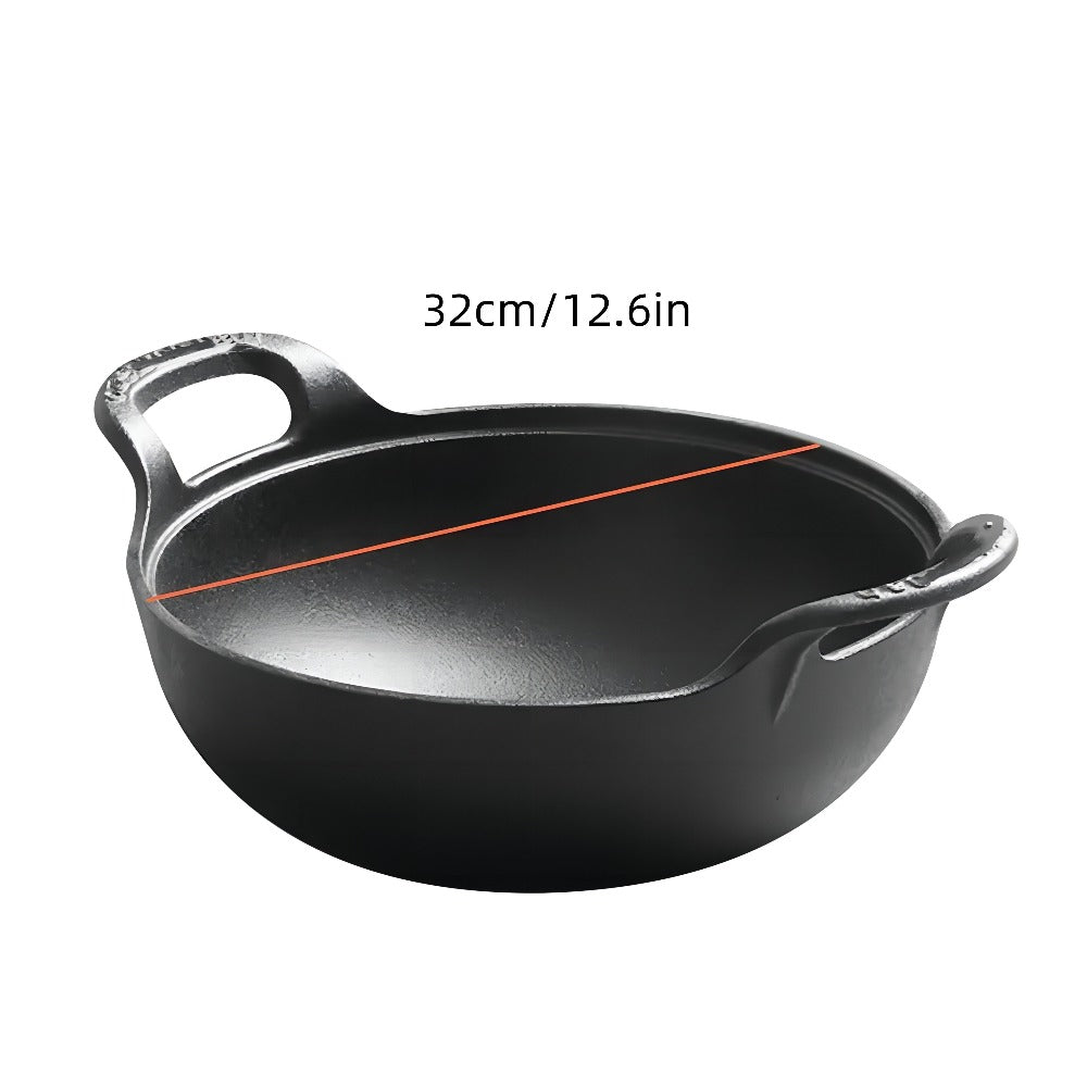 Cast Iron Wok Skillet Non-Stick Deep Stir Fry Pan with Dual Handles – Uncoated Traditional for Home Cooking, Dining and Outdoor Meals