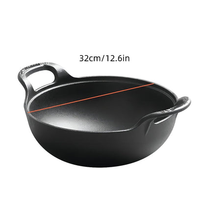 Cast Iron Wok Skillet Non-Stick Deep Stir Fry Pan with Dual Handles – Uncoated Traditional for Home Cooking, Dining and Outdoor Meals