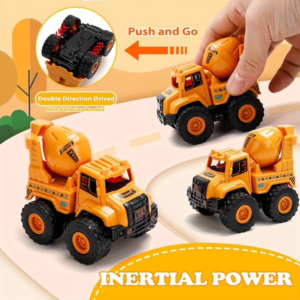 4-Piece Construction Truck Set for Kids, Excavator Dump Truck Crane Cement Mixer Sandbox STEM Engineering Vehicle Playset