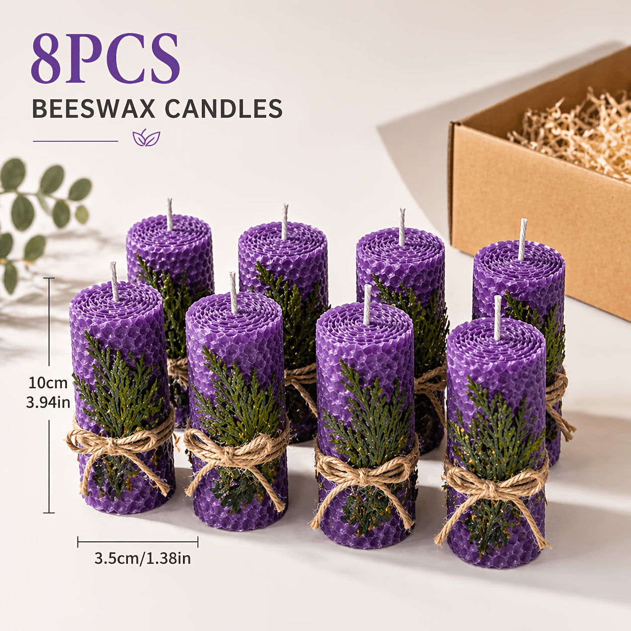 Honeycomb Beeswax Pillar Candles, 10cm by 3.5cm in Yellow, Purple, Red or Blue with Single or Eight-Piece Options