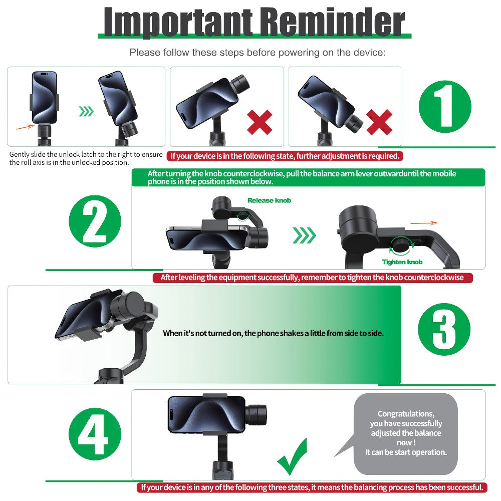 Handheld 3-Axis Smartphone Gimbal Stabilizer with Wireless Bluetooth No App Required Anti-Shake Video Recording
