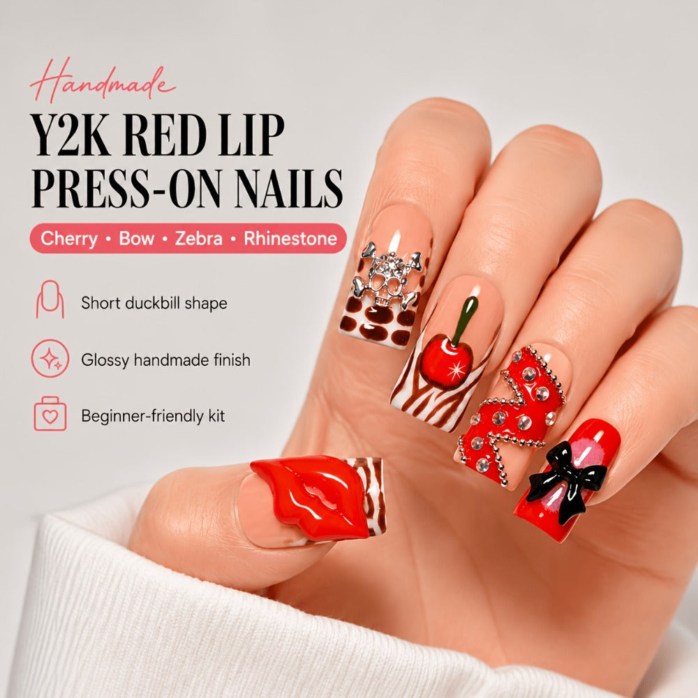 Press On Nails 10-Piece Short Duckbill Acrylic Set with Skull, Cherry, Bow, Rhinestone and Zebra Details