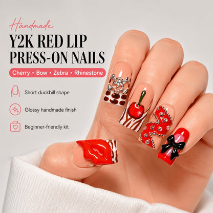 Press On Nails 10-Piece Short Duckbill Acrylic Set with Skull, Cherry, Bow, Rhinestone and Zebra Details