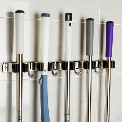 Mop and Broom Holder Wall Mount, Stainless Steel Self Adhesive Rack with 5 Slots & 4 Hooks