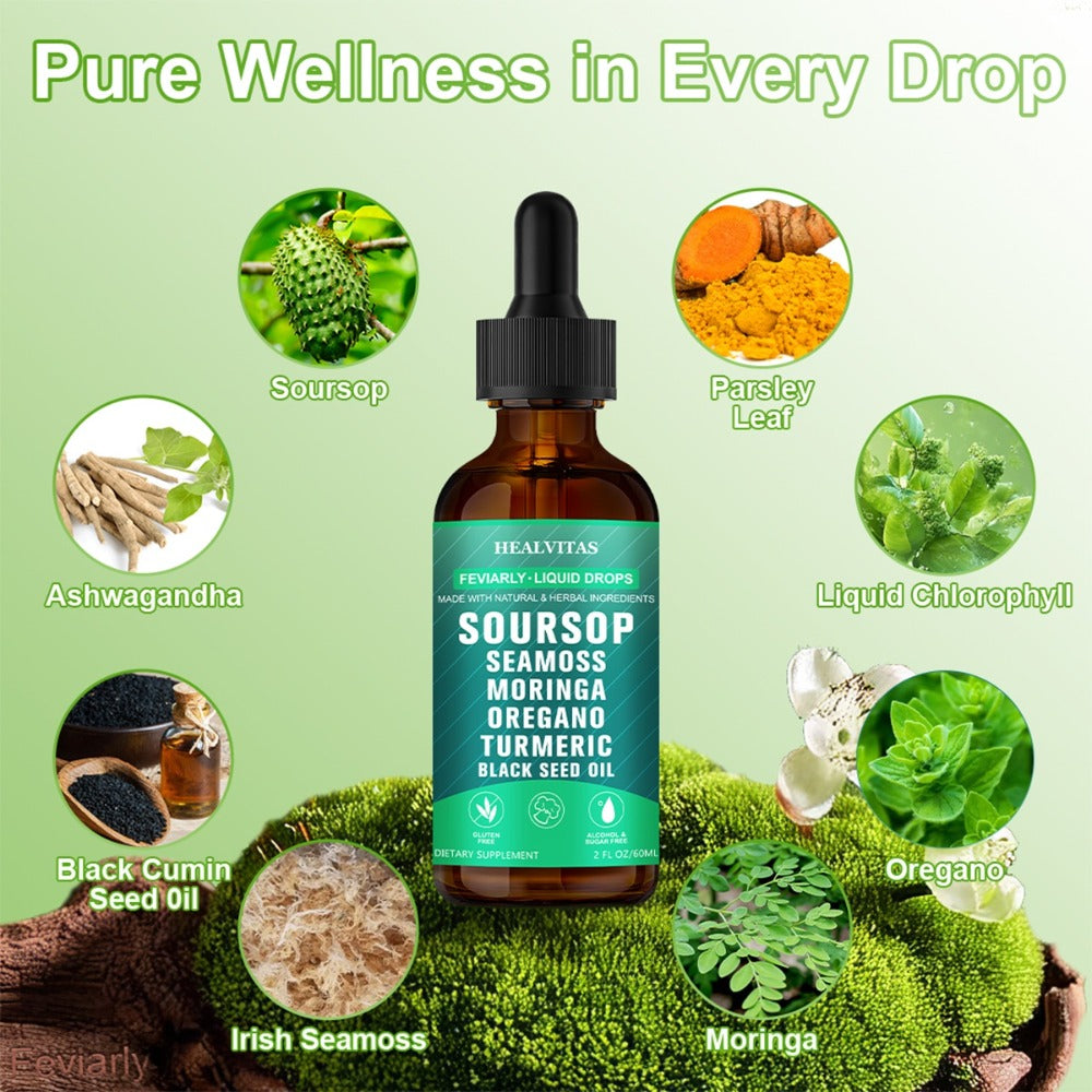 Soursop Bitters Liquid Supplement 2oz 10-in-1 with Seaweed Moringa Turmeric Black Seed Oil & Oregano Herbal Extracts