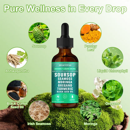 Soursop Bitters Liquid Supplement 2oz 10-in-1 with Seaweed Moringa Turmeric Black Seed Oil & Oregano Herbal Extracts