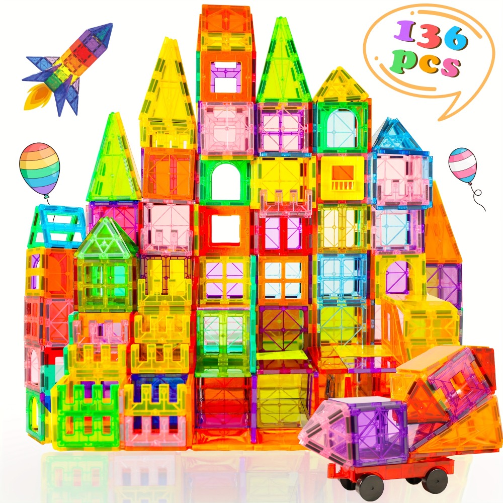 Magnetic Tiles Building Set for Kids 3 4 5 6 7 8 – 80 106 136 205pcs Clear 3D Magnet Building Blocks STEM Educational Toy Child-Safe ABS