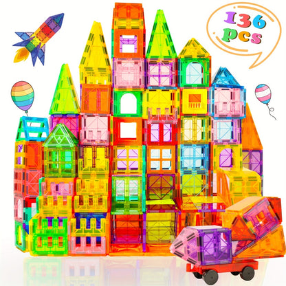 Magnetic Tiles Building Set for Kids 3 4 5 6 7 8 – 80 106 136 205pcs Clear 3D Magnet Building Blocks STEM Educational Toy Child-Safe ABS