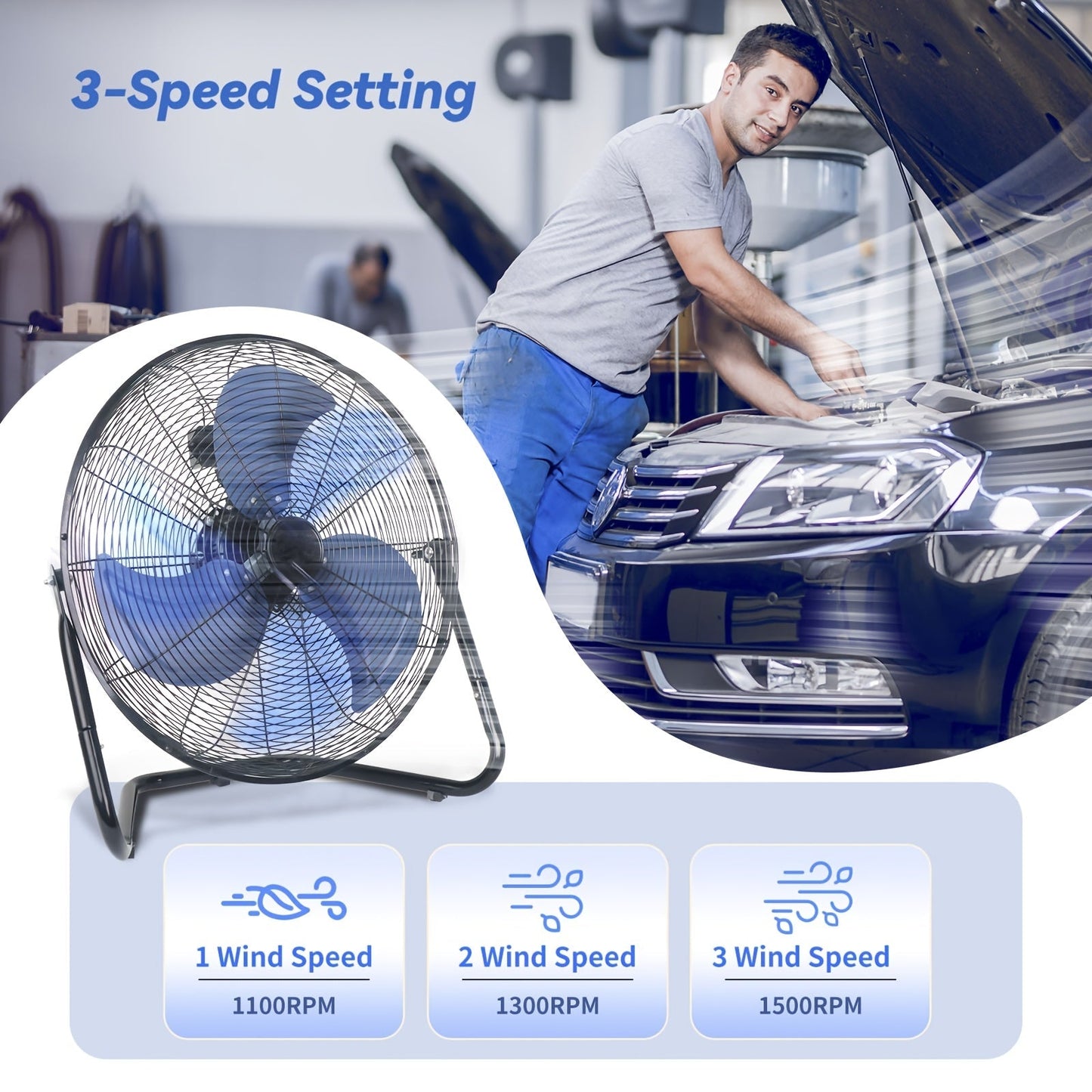 Three-Speed Metal Floor Fan with Tilt Frame in 9-, 14- or 20-Inch Black, Silver or Blue Options