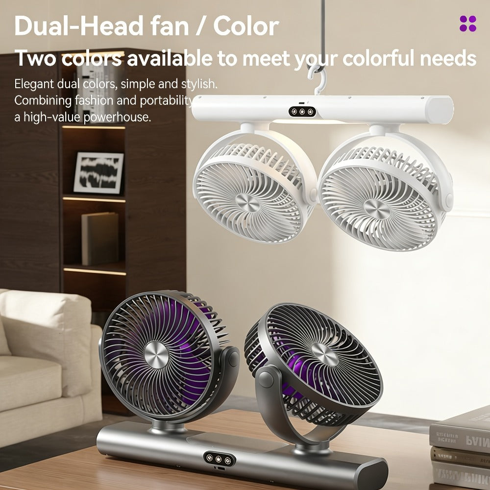 Double Head Air Circulation Fan USB Rechargeable, Desktop & Wall-Mounted 3-Speed Dual-Head Fan with Atmosphere Night Light