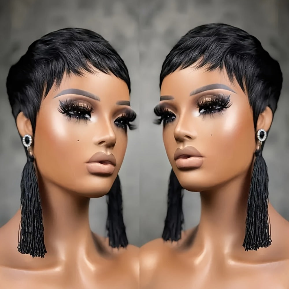 4-Inch Straight Layered Pixie Human Hair Wig in Black with 150% Density and Machine-Made Rose Net Cap