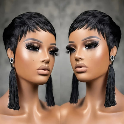 4-Inch Straight Layered Pixie Human Hair Wig in Black with 150% Density and Machine-Made Rose Net Cap