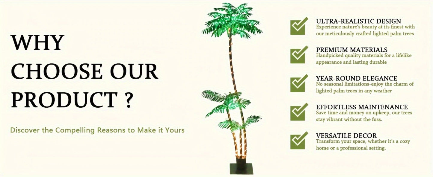 Solar Powered Artificial Palm Tree 7ft Triple Trunk 260 LED Lights 8 Modes Dimmable Timer for Entryways, Bedrooms and Living Spaces