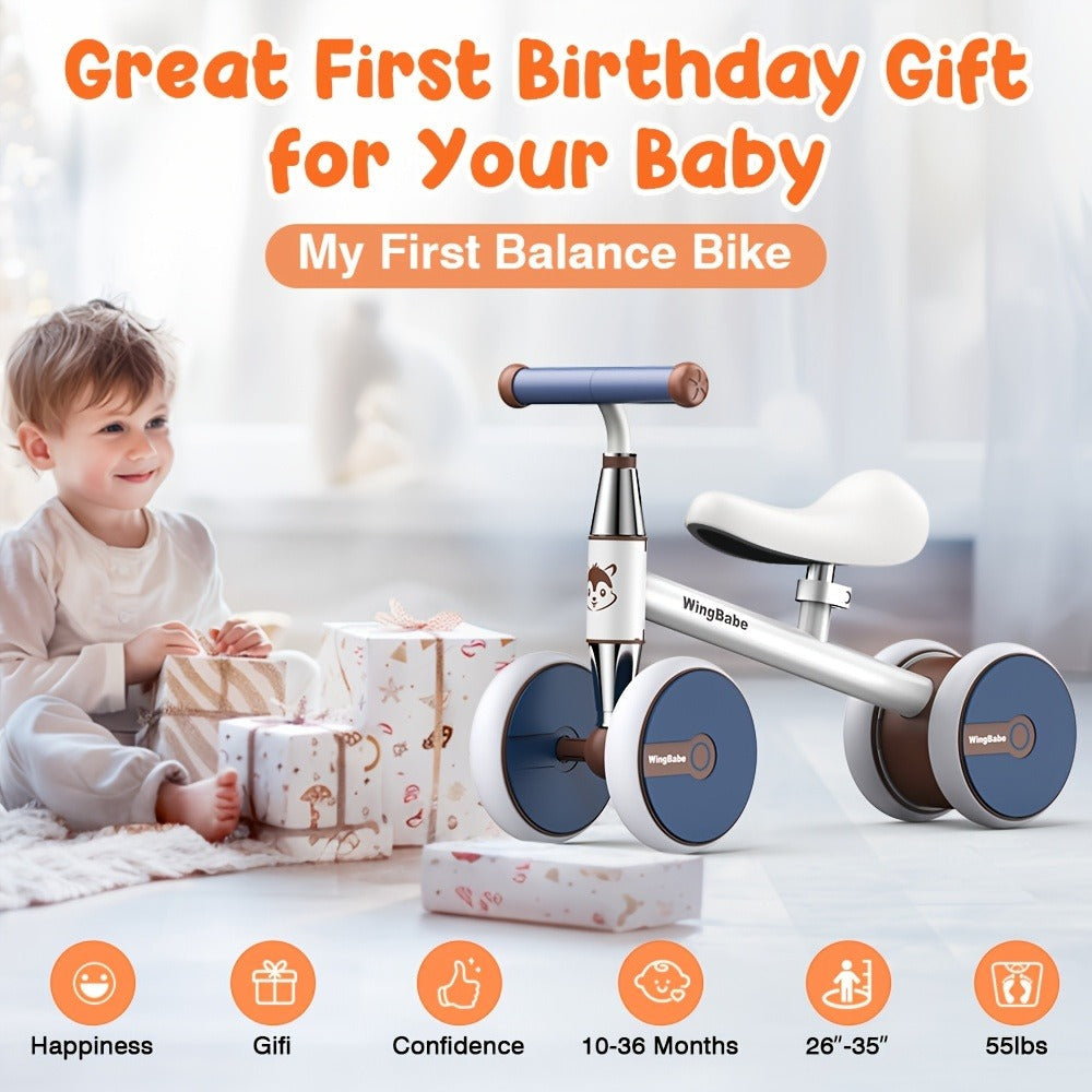 4 Wheel Balance Bike for Baby Toddlers 10-36 Months, First Bike with Adjustable Seat, 90° Steering Limit & Silent Anti-Slip Tires