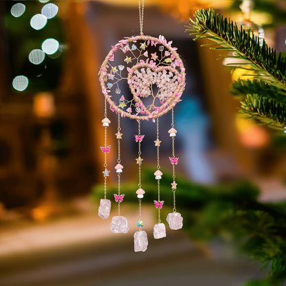 Boho Crystal Wall Hanging Decor – Handmade Stone Bead Wind Chime with Colorful Gemstone Heart & Circular Crystal Pendant for Bedroom Living