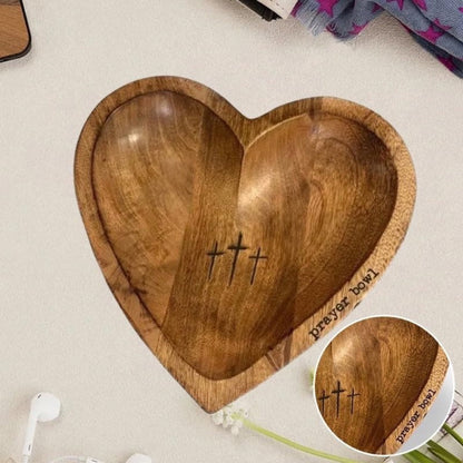Wooden Prayer Bowl with 24 Prayer Cards – Hand-Carved Heart Shaped Cross Engraved Vintage Religious Gift Set for Easter, Christmas