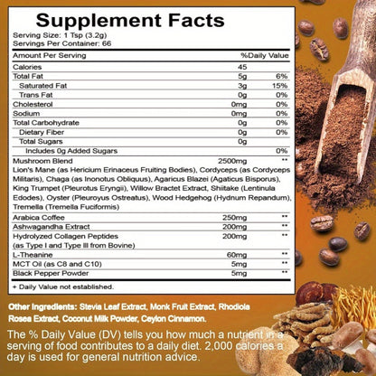 Mushroom Coffee Blend Powder 210g, Instant Coffee with Lion's Mane, Reishi, Cordyceps, Chaga & Chanterelle