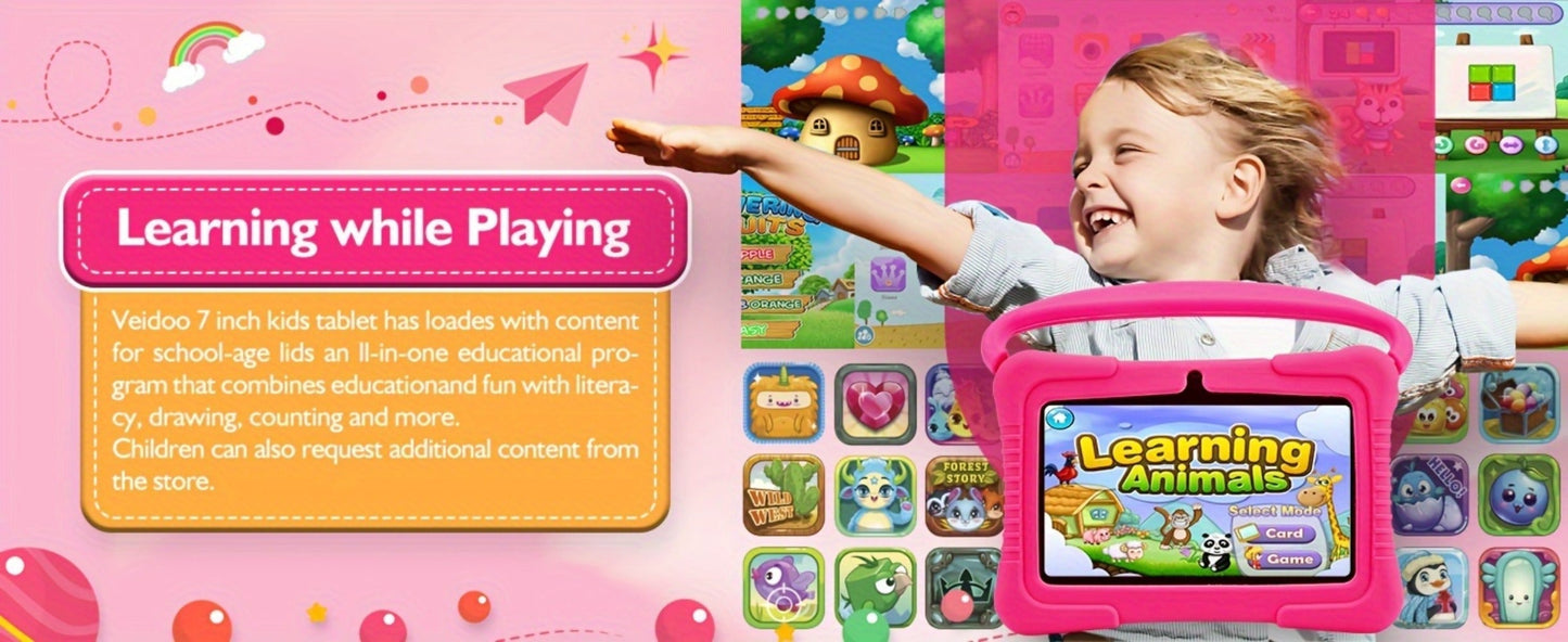 Veidoo 7 Inch Kids Tablet with Drop-Proof Silicone Cover – Eye Protection Screen, WiFi, 2GB RAM 16GB/32GB ROM, Dual Camera