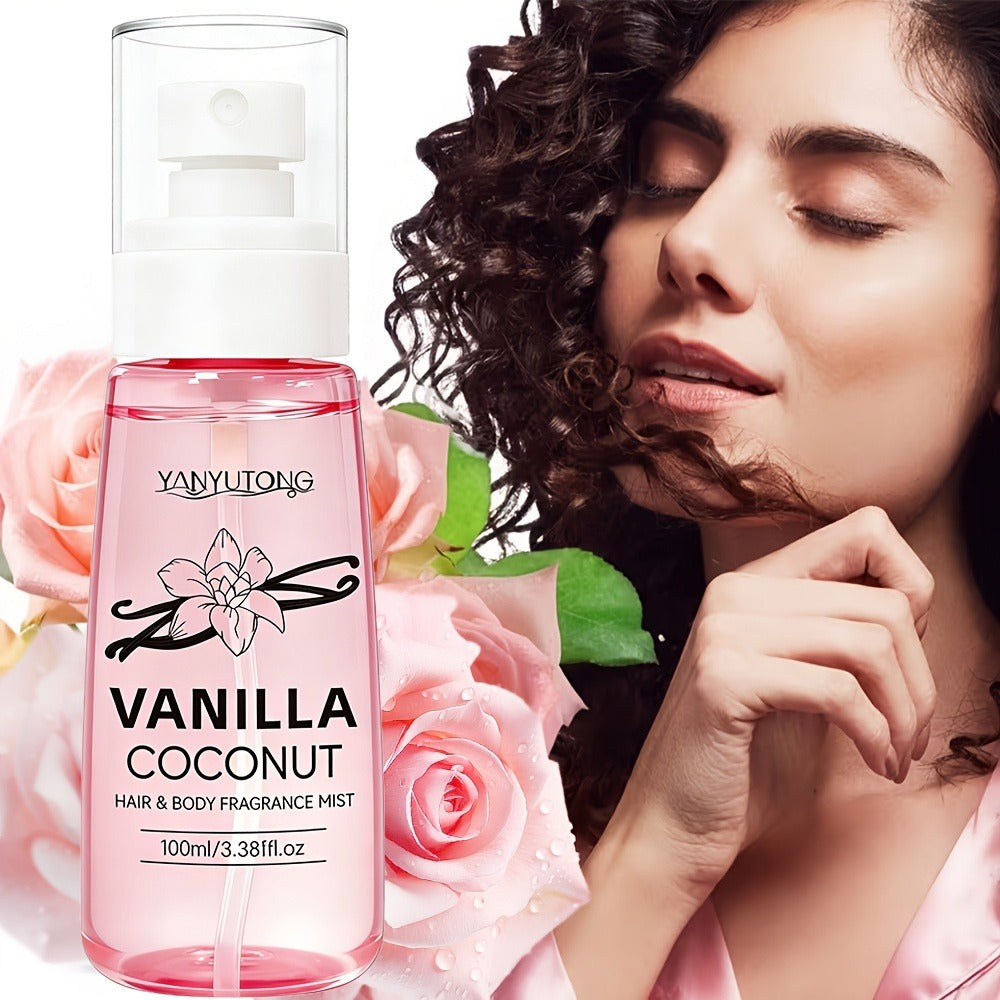 Coconut Vanilla Fragrance Mist Hair & Body Spray – Alcohol-Free with Vitamin E, Argan Oil & Glycerin, Moisturizing Long-Lasting Tropical