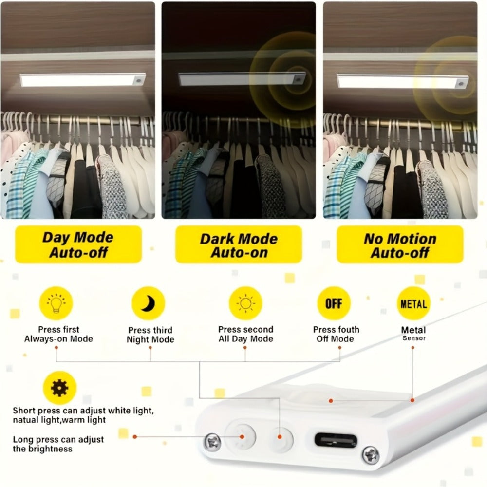 LED Motion Sensor Light USB-C Rechargeable 3 Color Temperatures Stepless Dimming Wireless for Entryways, Bedrooms and Living Spaces