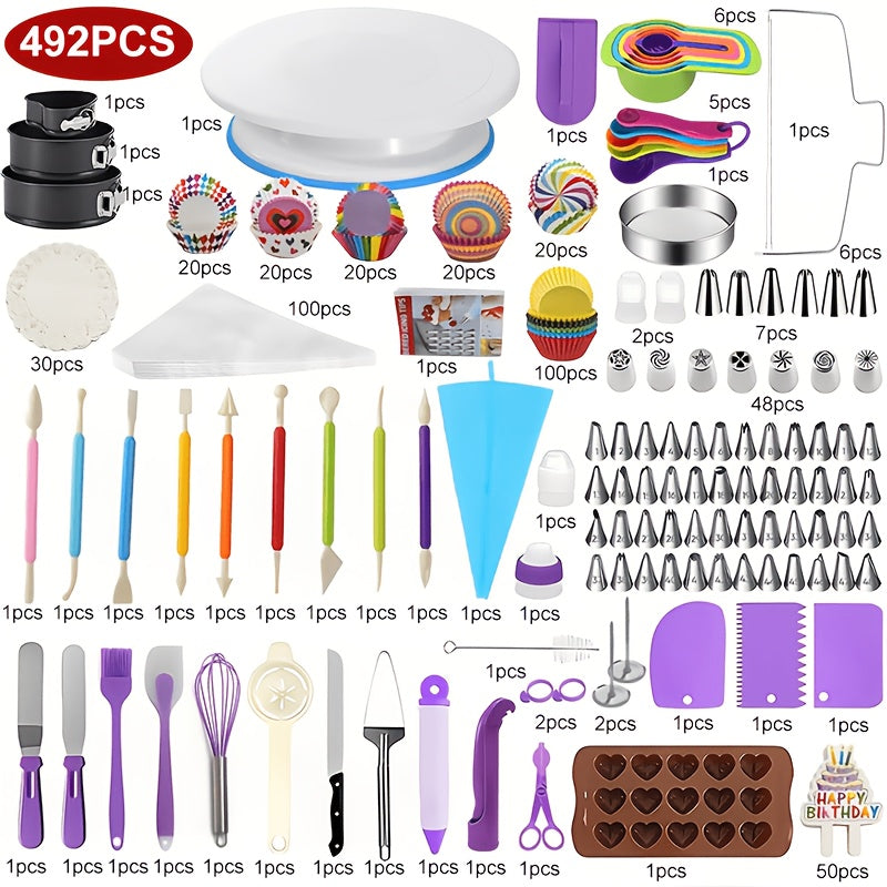 Cake Decorating Set 492pcs with Rotating Turntable Piping Bags Frosting Tips Professional Baking Supplies Kit for Beginners and Bakers