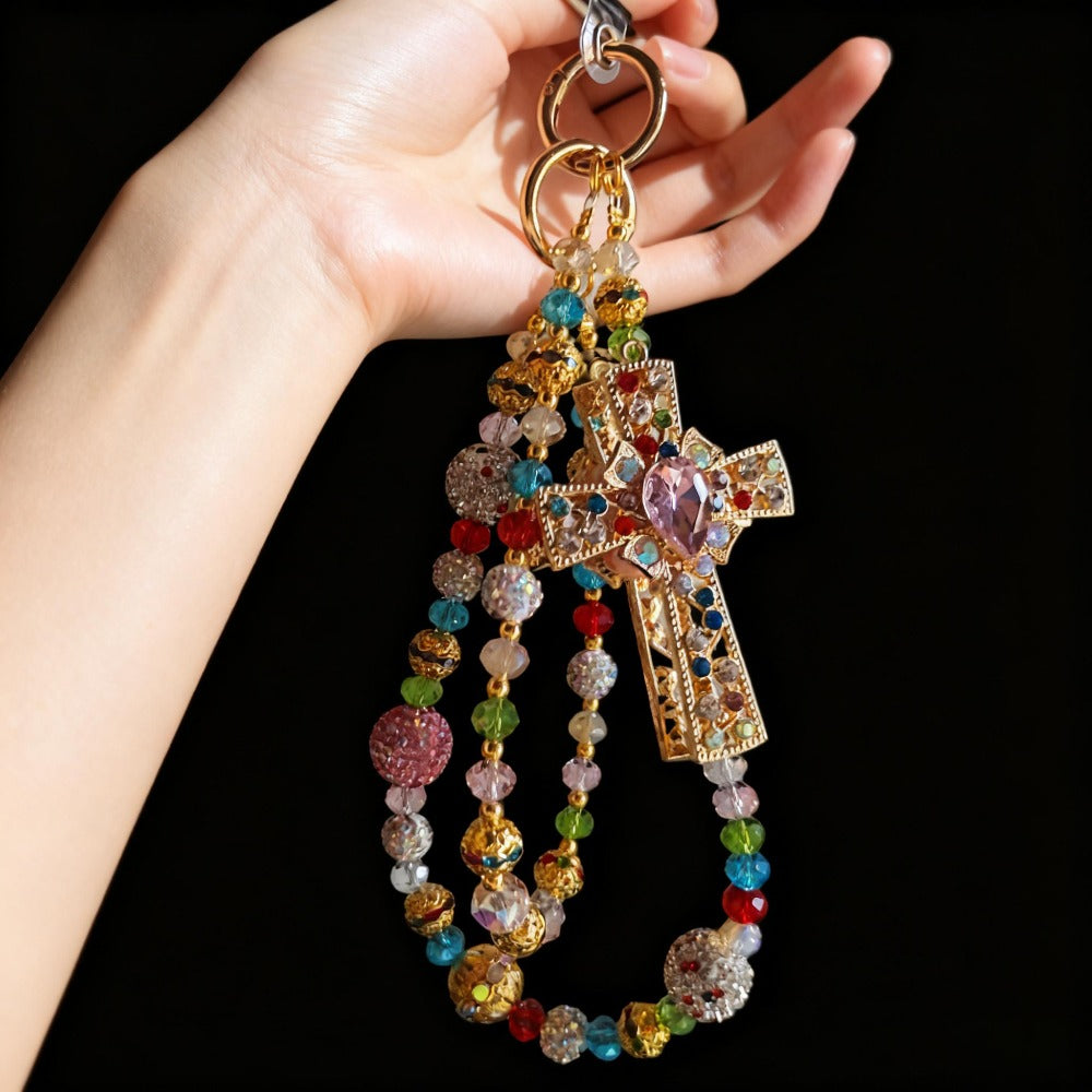 Crystal Cross Phone Chain Keychain Luxury Rhinestone Bling Bag Charm Pendant – Shining Mini Bag Chain Fashion Accessory for Women Colorful